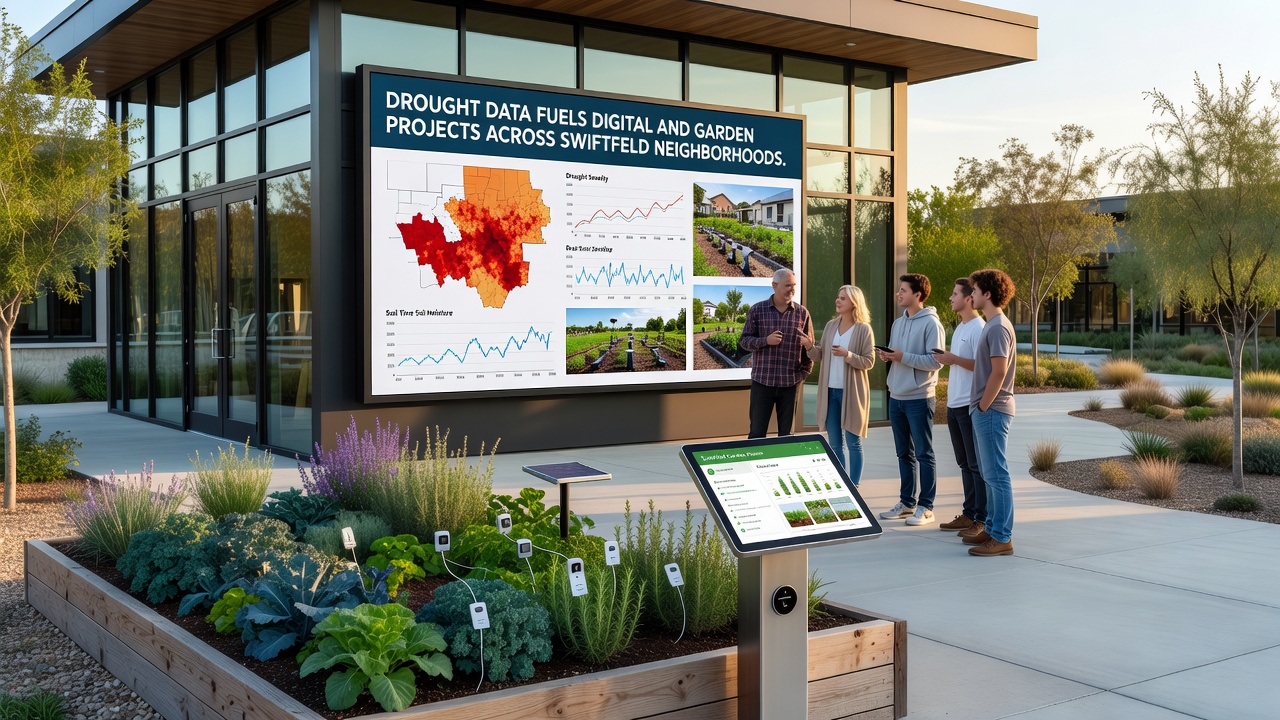 Residents working in a Swiftfeld community garden equipped with soil sensors and drought-resistant plant arrangements