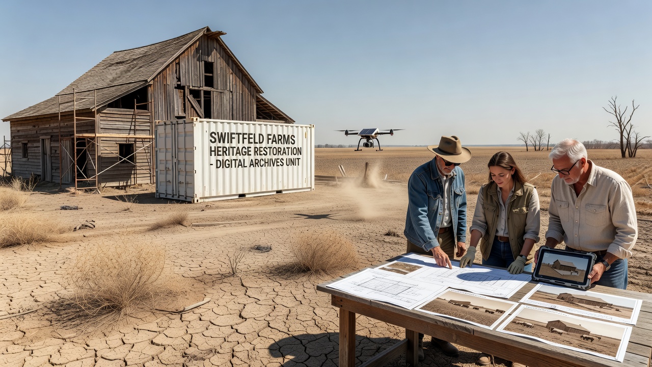Digital archive workstation displaying historical farm documents alongside current drought monitoring data for Swiftfeld region
