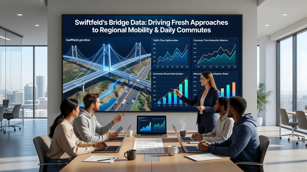 Commuters viewing updated mobility dashboards near a Swiftfeld bridge crossing