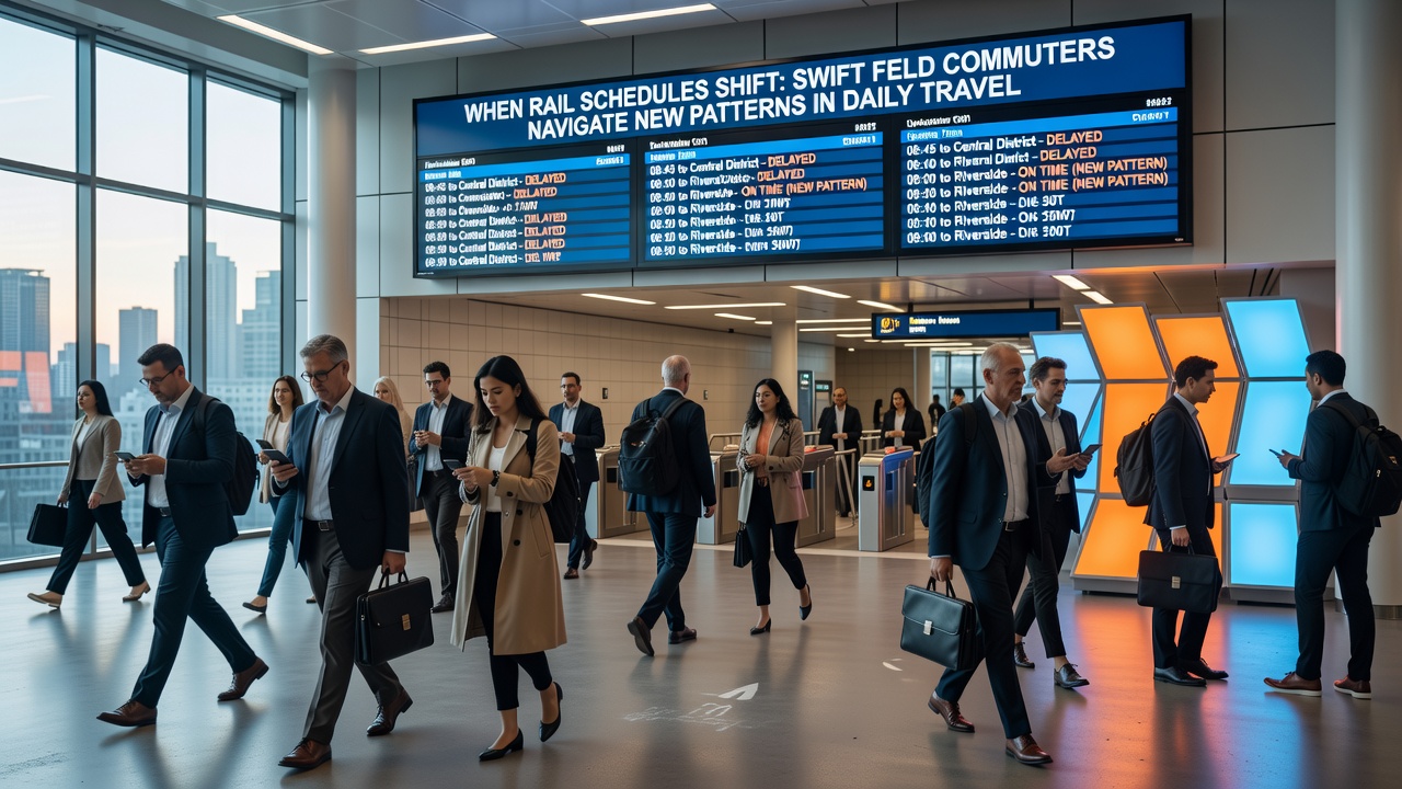 Commuters checking updated rail timetables on mobile devices at Swiftfeld station